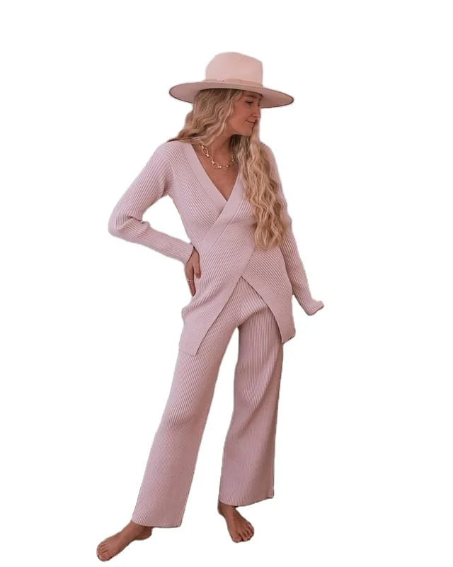 Women Elegant Sweater Suit Two Piece Pants Set Cross Design Track Suits Knitted Sets Outfits Wide Leg Casual Spring 24 2 Piece Custom Logo Printed Embroidered