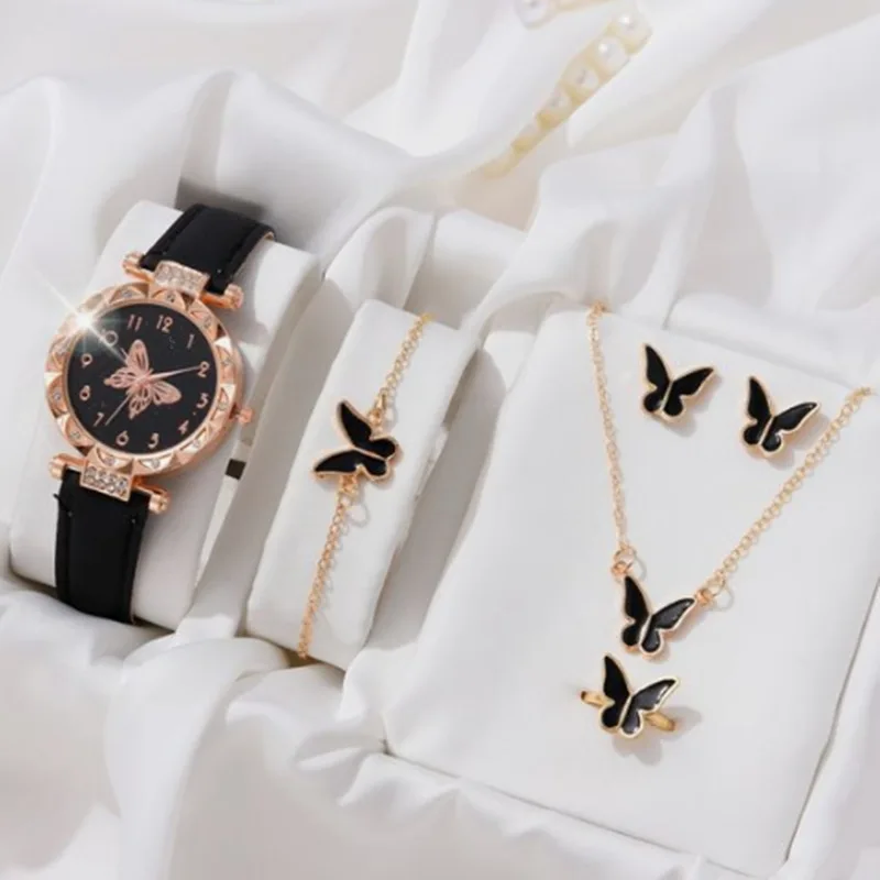 5PCS/Set Butterfly Necklace Earring Ring Bracelet Watch Gift Set Fashion Butterfly Buckle Leather Watch Strap Watches Jewelry