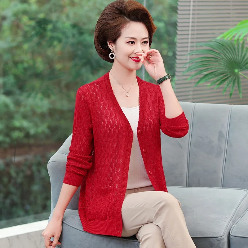 High quality sunscreen knitted cardigan female summer middle-aged woman spring and autumn shawl short thin coat
