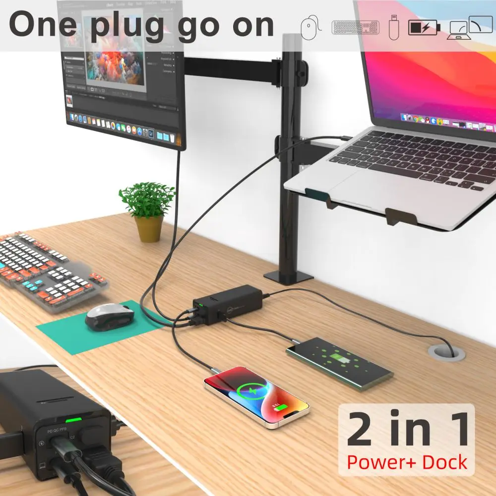 GaN 100W Desktop Charger 1.83m Extension Laptop Charger with 4K@60Hz USB3.1 USB2.0 SD/TF for MacBook Lenovo ASUS HP