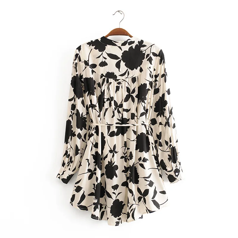 Summer New Women Casual Rayon Cotton Blouse Lady Holiday Style Floral printed Sashes Lace up Slim Loose Button Long Shirt Tops