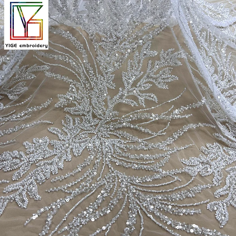Top quality luxury heavy beaded white tulle Lace With Sequins wedding embroidery Beads bridal lace dress fabric