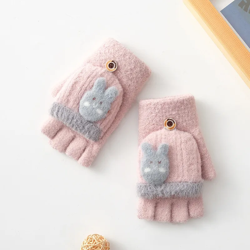
OEM Custom Design Kids Baby Coversible Winter Warm Gloves Knit Knitted Half Finger Fingerless Mittens Cartoon Thickness 
