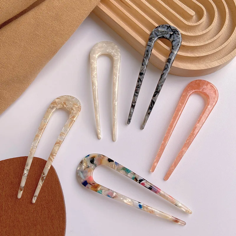 Cellulose Acetate Tortoise Shell U Shaped Designer French Hairpins Vintage Leopard Tortoiseshell Acetate Hair Stick Fork