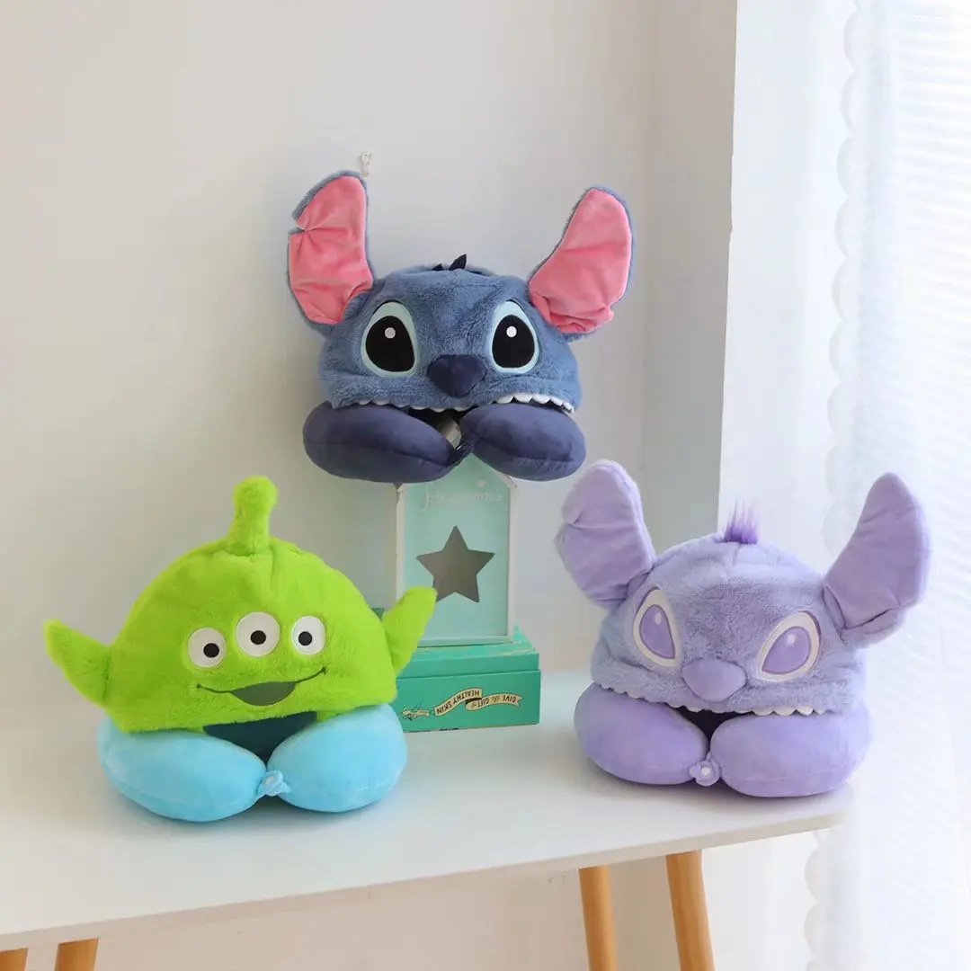 Cartoon Stitch three-eyed monster hooded U-shaped pillow neck pillow plush toy office nap  essential pillow for car travel