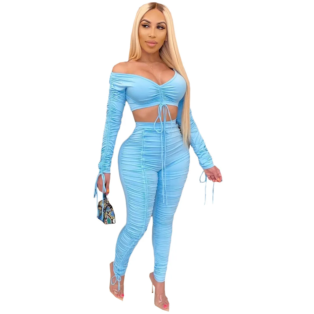 long sleeve solid color stacked two pieces crop top corset sexy women 2 piece set clothing