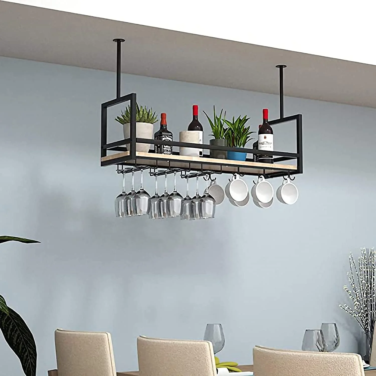 Hanging Wine Glass Rack Ceiling Mount Shelf Hanging Wine Rack Metal Ceiling Bottle Rack Vintage Display Wine Storage Holder