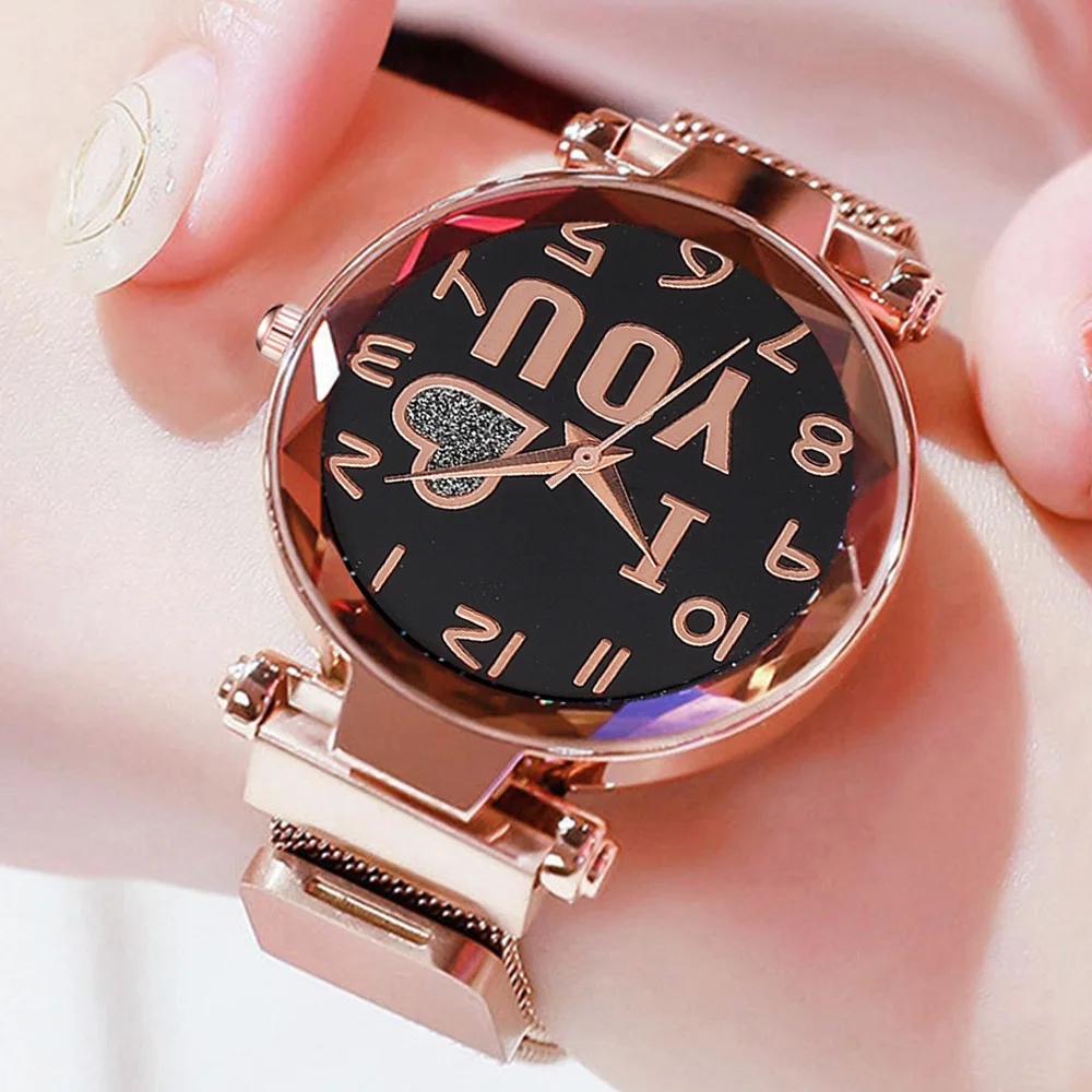 Luxury Quartz Starry Sky Heart Dial Ladies Wrist Watches Magnetic Mesh Band Watch and Bracelet Set