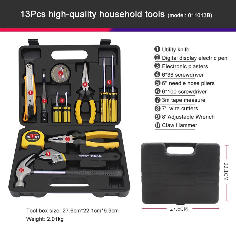 13Pcs Carbon steel Home Garage Repair Wrench Socket Hand Tool Set In Aluminum Tool Case Kit