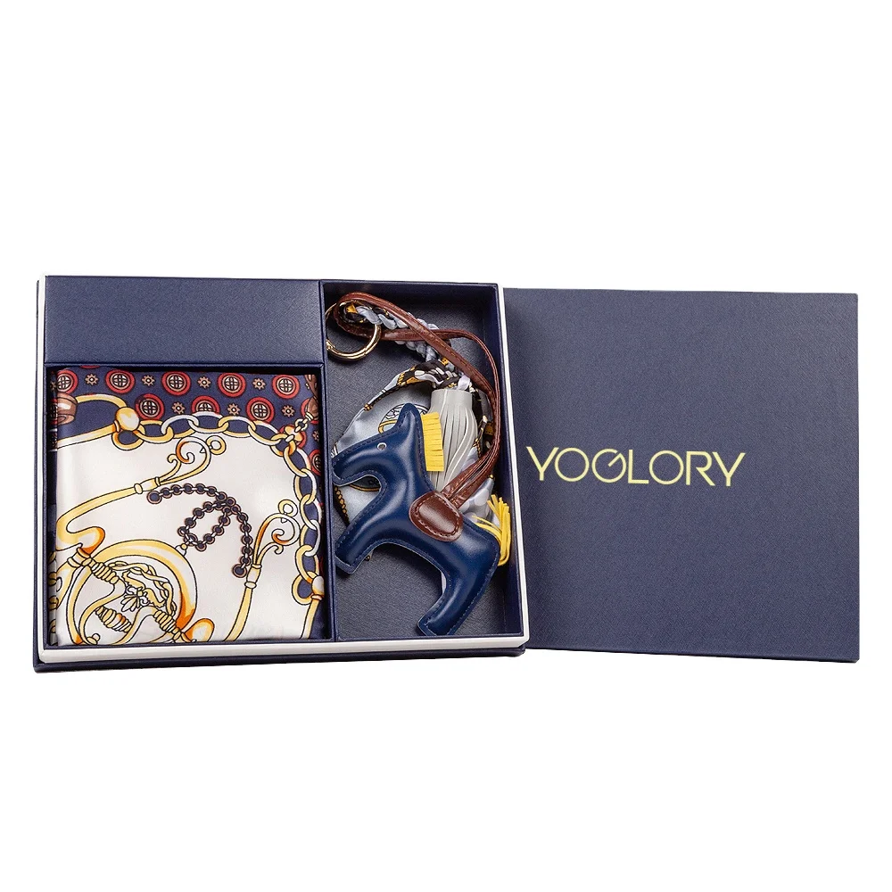 YOGLORY 90*90cm Blue Polyester Scarf with Horse Key Chain Bag Charm with gift box Nice gift for women