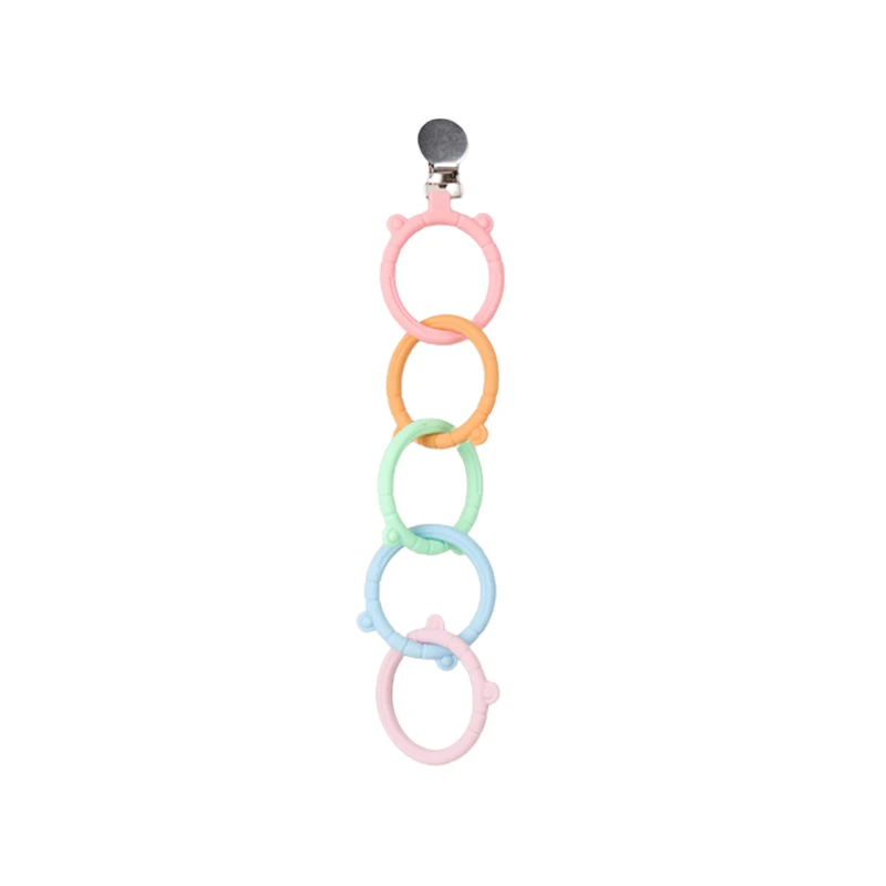 Customization Food Grade Silicone Anti Lost Baby Chain Teether Adjustable Straps 5 Rings Toys Pacifiers Strings Toy with Clip