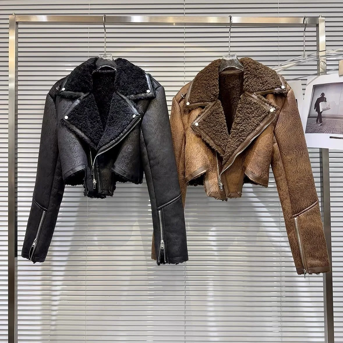 OUDINA Fashionable Winter Motorcycle Diagonal Tie-dye Pattern Fur Faux Leather Jacket Coat Bomber Jacket