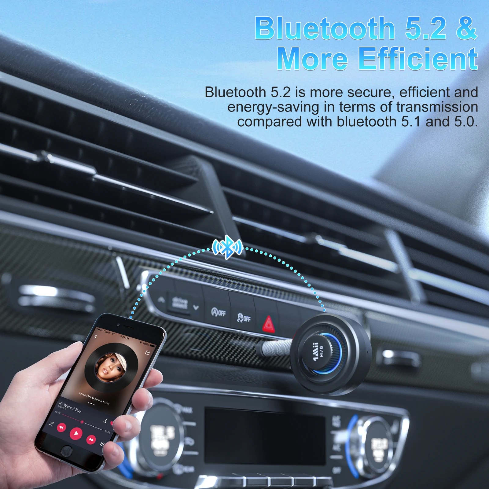 1Mii Car Bluetooth Receivers Bluetooth 5.2 AUX Adapter 12H Playing Wireless Audio Receiver for Car/Speaker/MP3/Wired Headphones