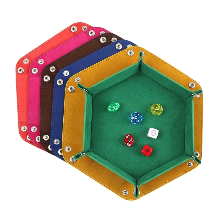 Hexagonal Velvet Cloth Dice Tray Collapsible PU Leather Storage Box with Desktop Tray for Game and Board Storage