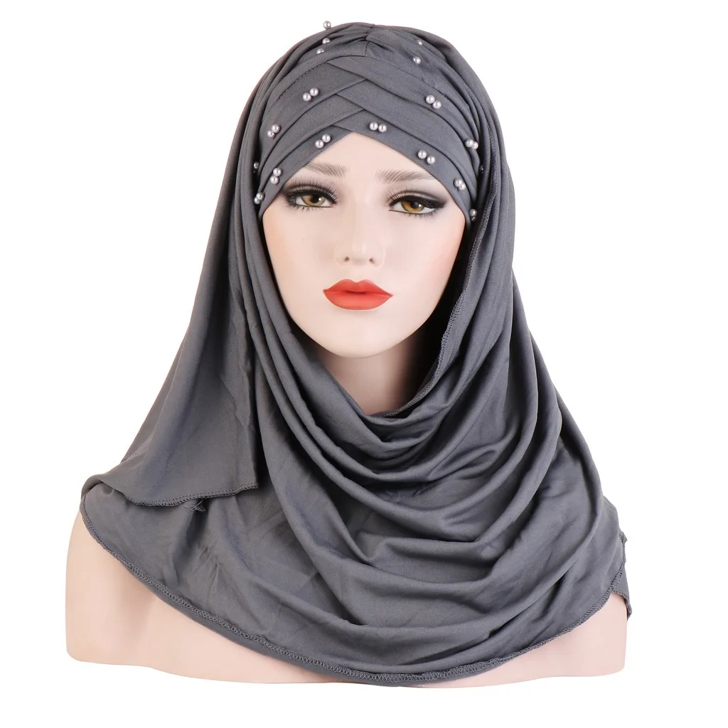 2021 Hot Sale  Muslim Woman Women Pearls milk fiber Beaded Hijab Scarf Malaysia muslim hijab