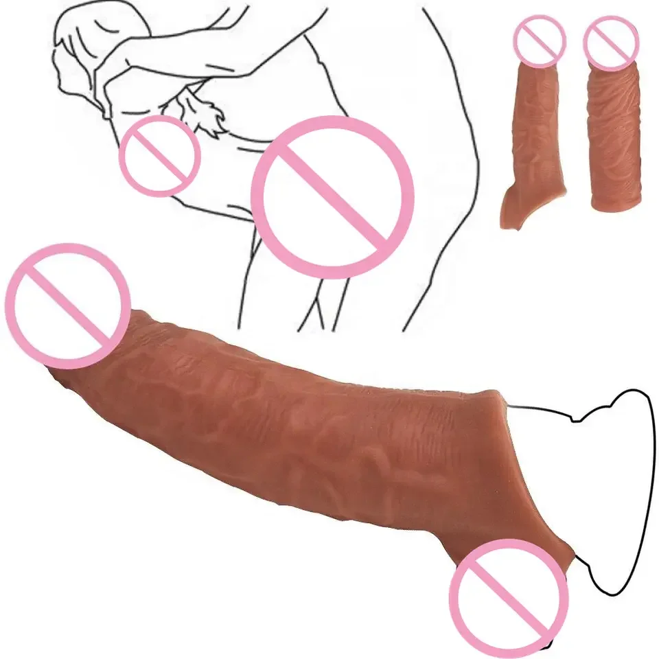 Hot selling realistic penis sleeve extension reusable TPE dildo condom delayed ejaculation penis enlargement sex toy for men