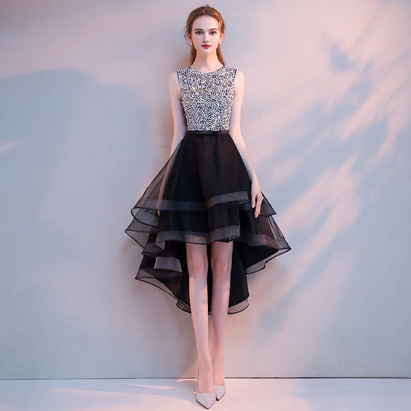 Factory sale princess little black dress elegant sequined A-line high-low evening dress