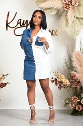 Women Color Block Dresses Wholesale Casual Long Sleeve Shirt Dress Women Fashion Patchwork Denim Skirt