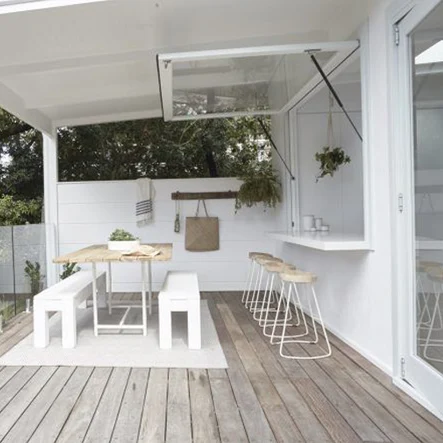 Kitchen servery awning window with gas strut