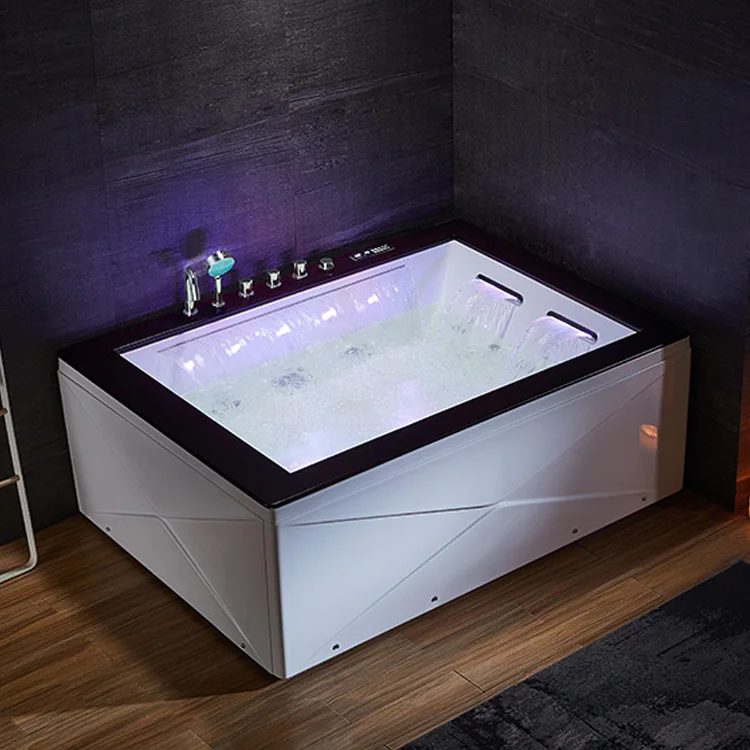Bathroom luxury three sided art skirt bathtub cylinder surface solid wood massage bathtub for 2 person