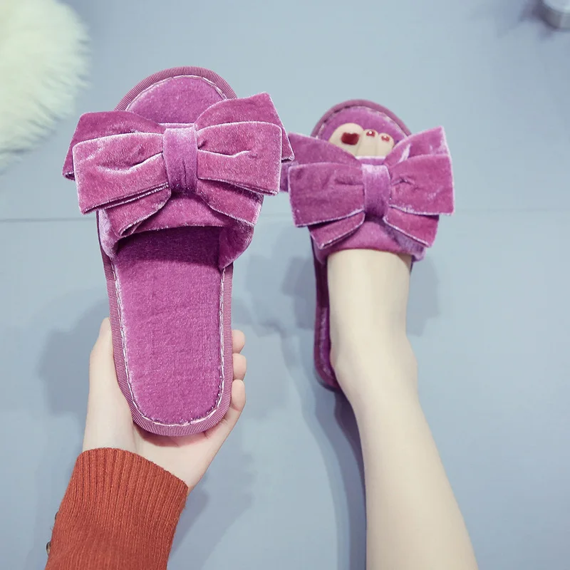 Fashion design Bowknot 2021 Winter Plush warm slides ladies Flat bedroom indoor shoes Luxury women faux fur slippers