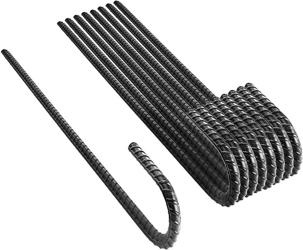 8 Pack Black Power Coated Rebar Stakes J Hook Steel Ground Anchors Chisel Point End Staple Deer Fence Hard Firm Soil Set