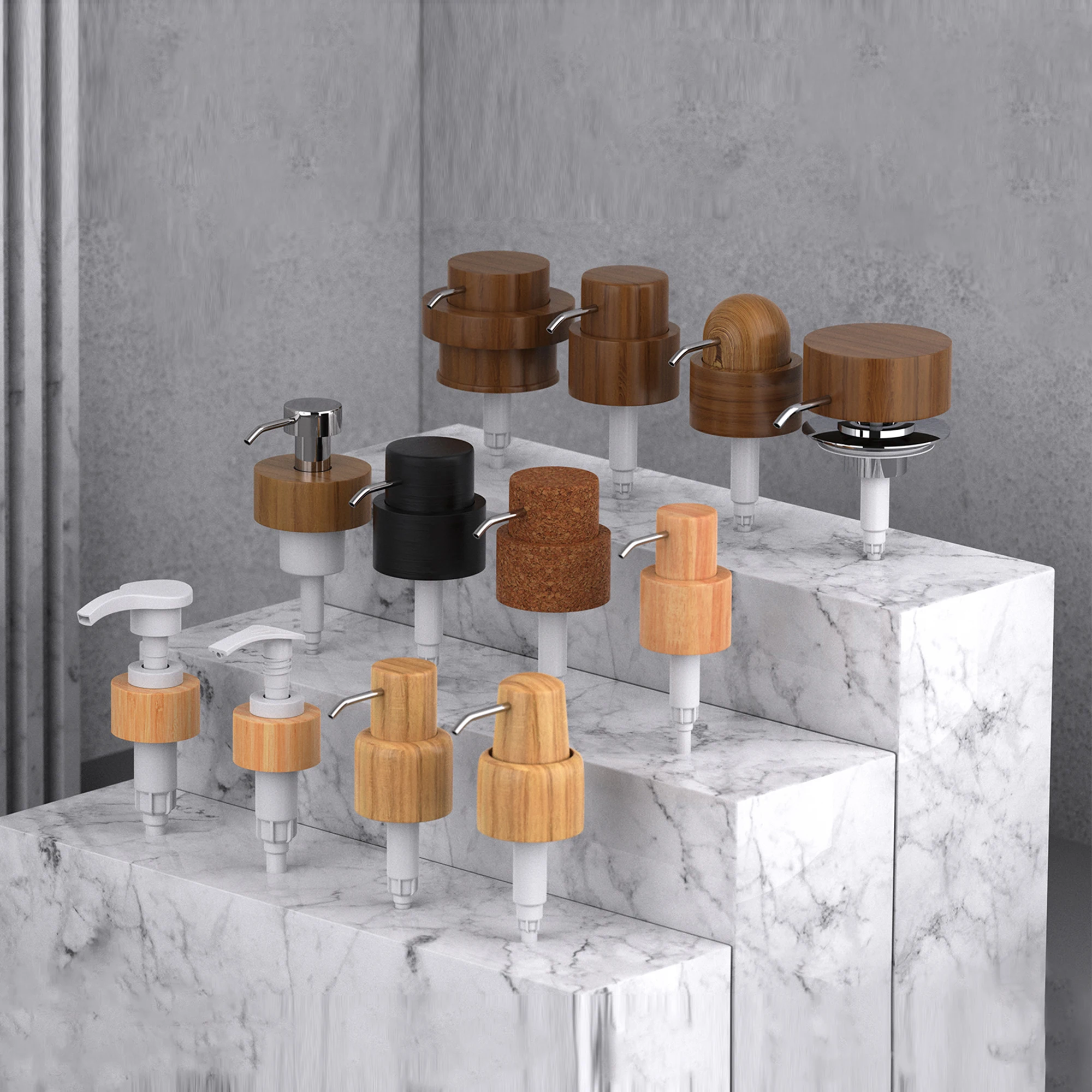 28/400 vaulted airless stainless steel long nozzle acacia wood bamboo lotion pump