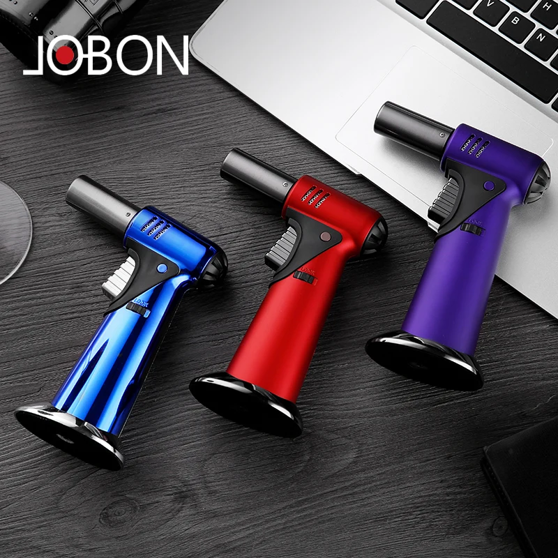  JOBON Дымчатая металлическая Бутановая газовая струйная синяя пламя с логотипом на заказ оптовая продажа большая кухонная зажигалка для