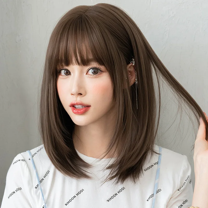Ainizi Korean style 40cm short bob cold brown synthetic hair wigs with bangs for women