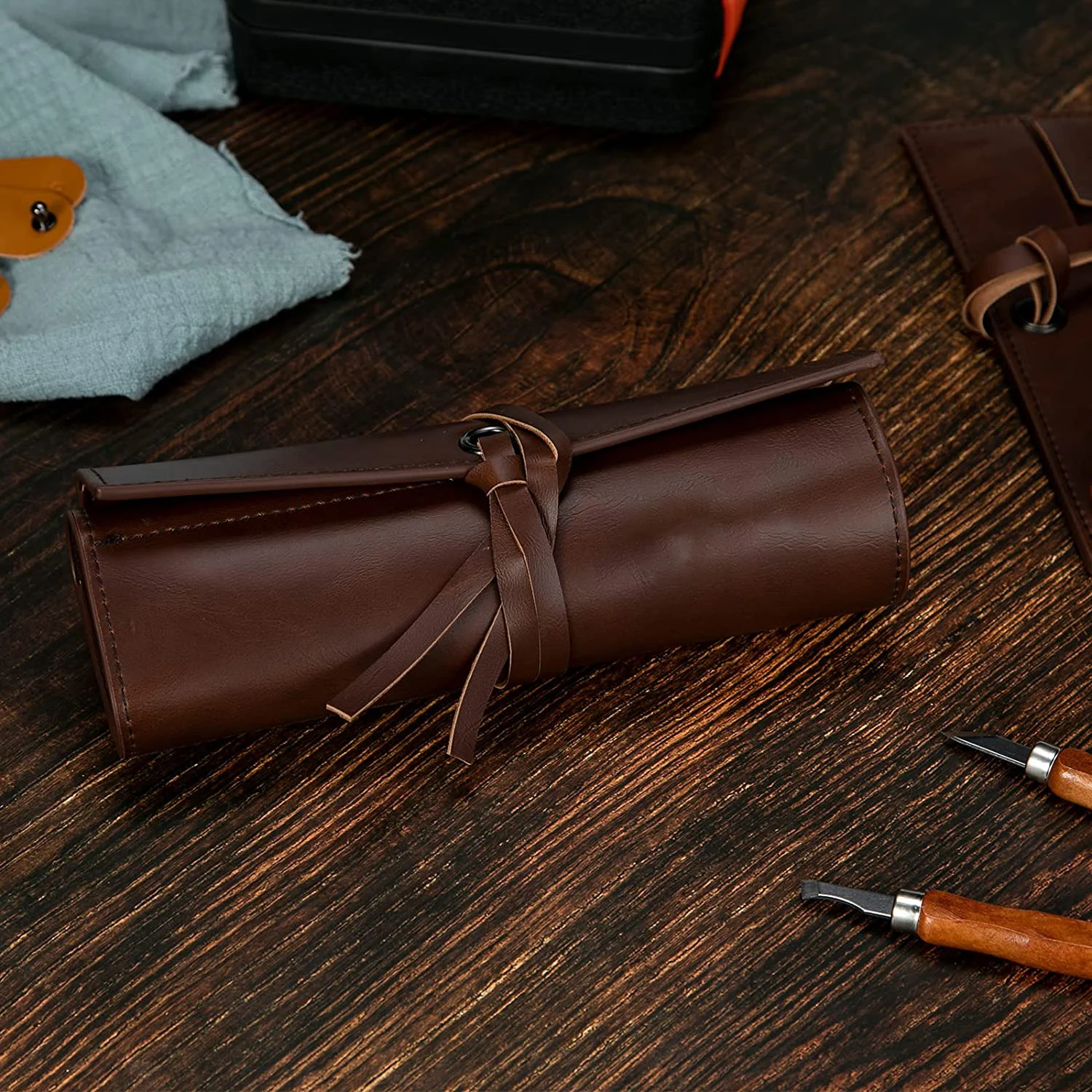 PU Leather EDC Roll-Up Tool Bag for Pen Lovers Tech Multi-Pocket for Pens Handmade Pen Pouch