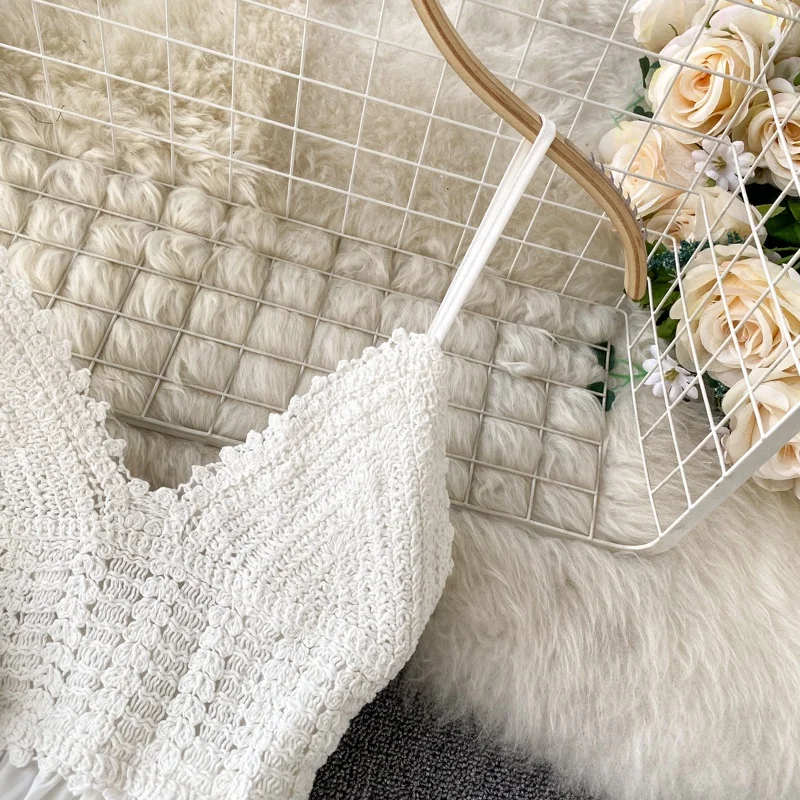 Vintage Crochet Knit temperament V-neck sexy backless bandage waist slim resort style sling women dress