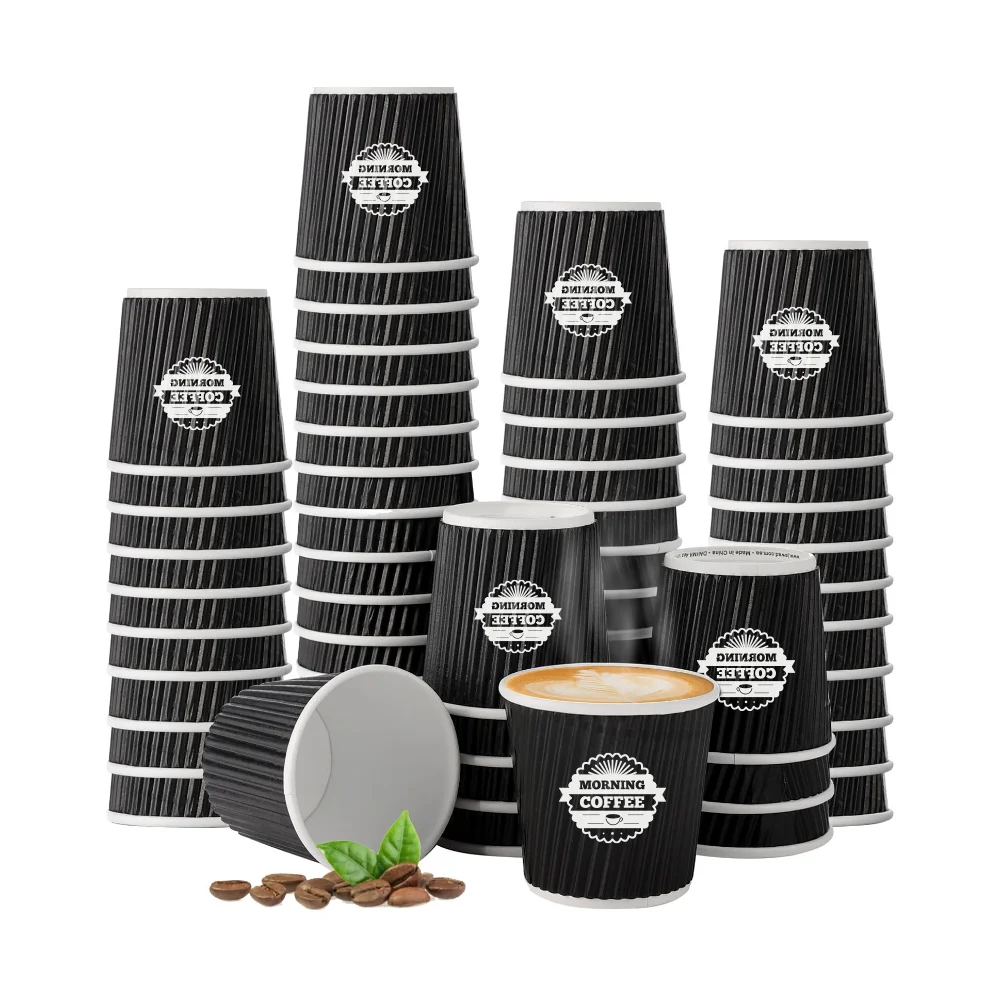 LOKYO Bio-degradable pla takeaway black 8oz 12oz 16oz ripple double wall paper cup disposable hot paper coffee cup with lids