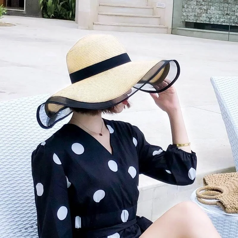 New Fashion Summer Sombrero Female Sun Hat Custom Bowknot Ribbon Foldable Wide Brim Beach Floppy Straw Hats For Women