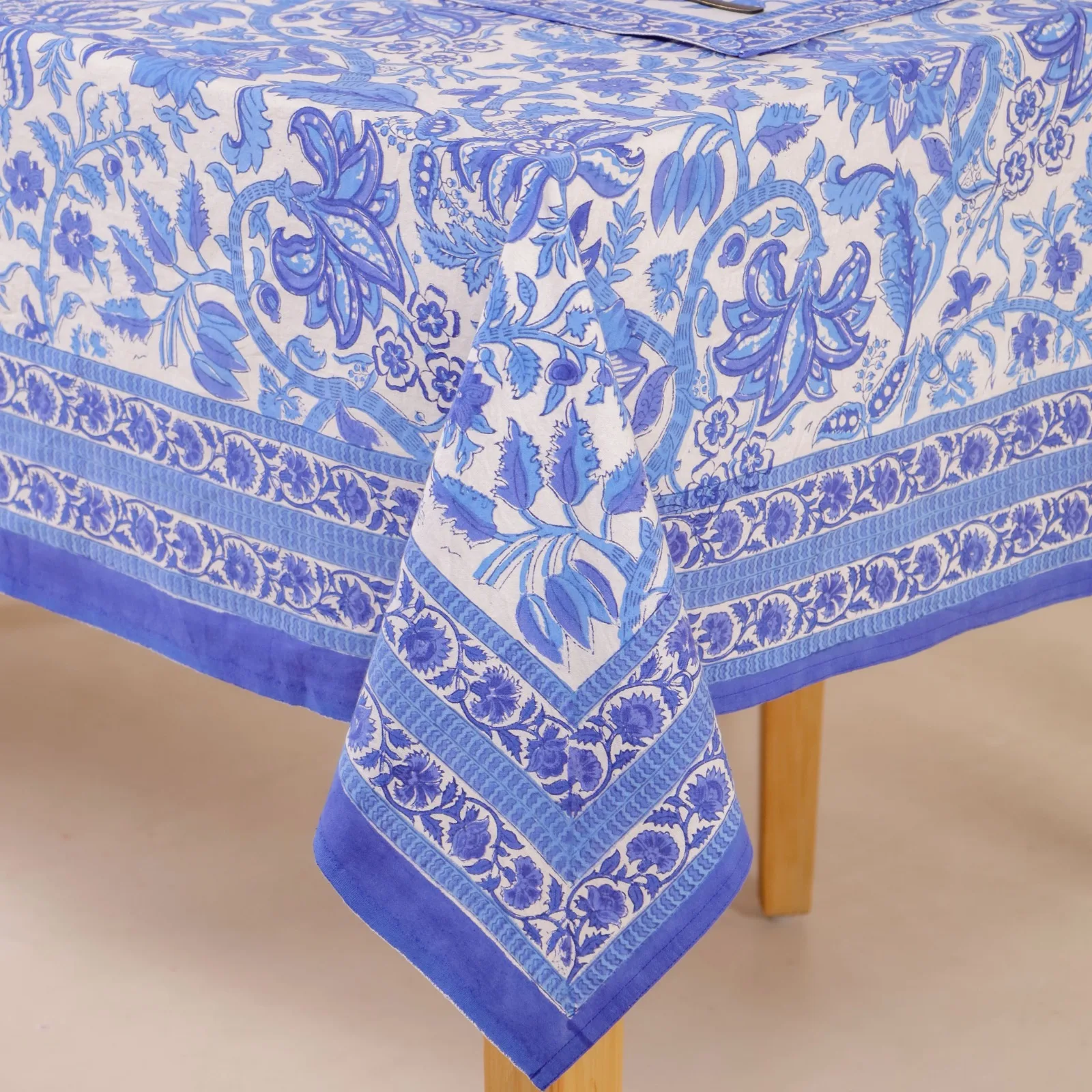 Blue Open Hand Block Printed Cotton Wedding Table Cloth Embroidered For Sale Best Quality Indian Material