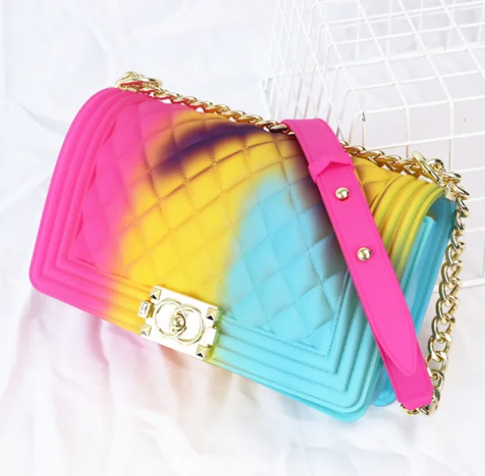 Jtfur Fashion Rainbow Jelly Purse Chain Lady Colorful Bags Candy Jelly Handbag for Women Luxury