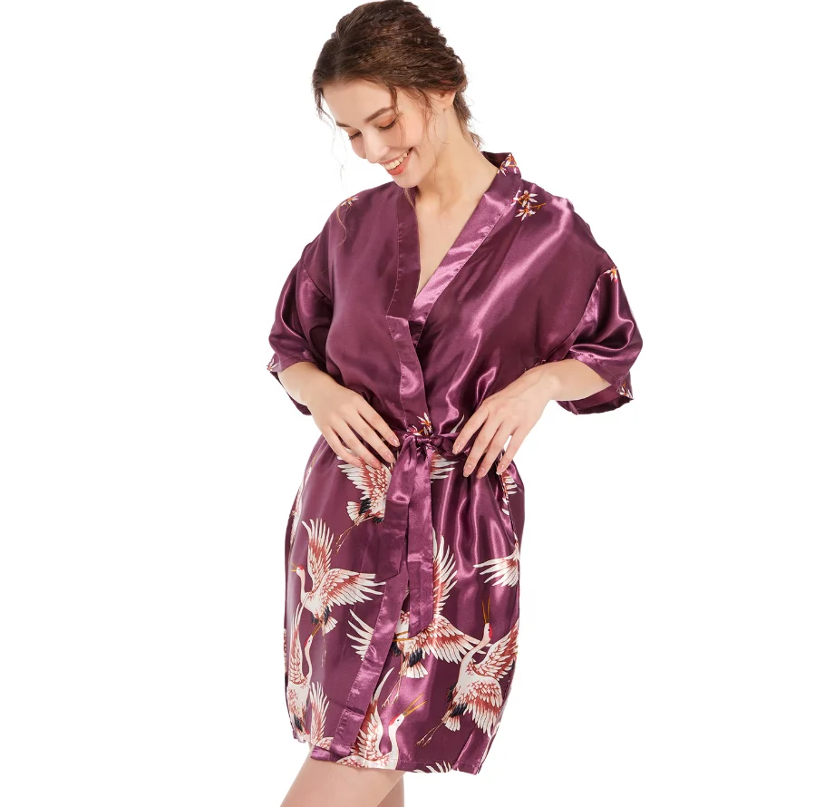 Wholesale Lady Ice Silk Sleepwear Summer Sexy V Neck Long Robe Wedding Morning Gown Home Dressing Floral Bathrobe for Women
