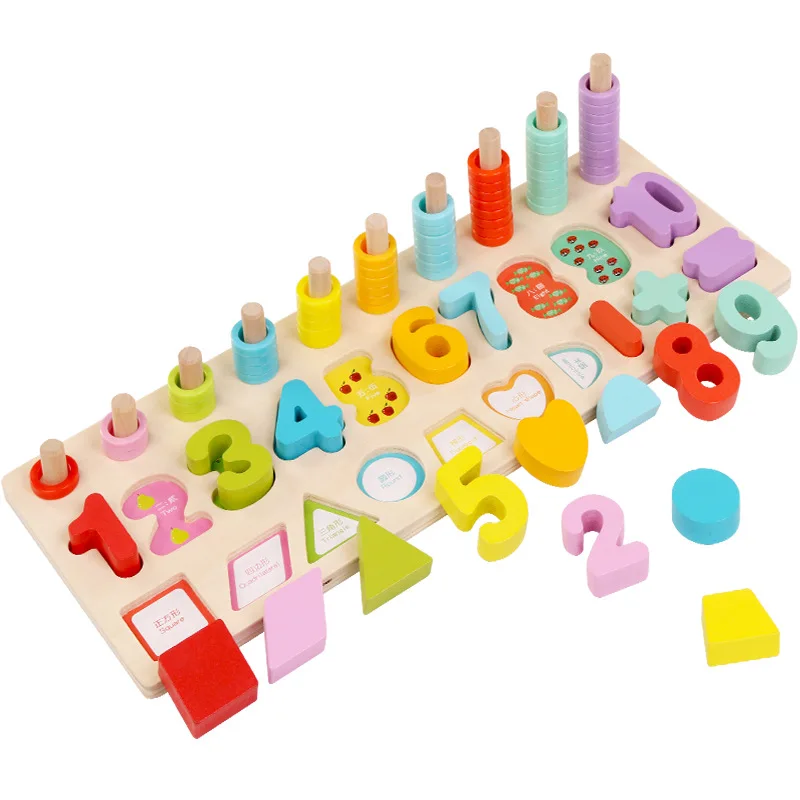 Early childhood education abacus digital shape matching board wooden jigsaw puzzle building block toy