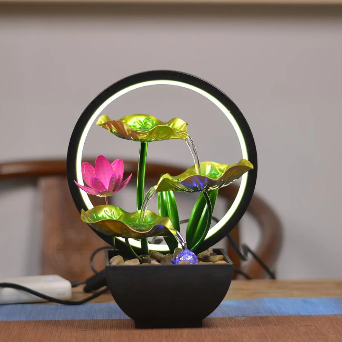 Relaxation Indoor Water Fountain with Lotus Leaf Metal Tabletop Wall Decor Office Decor Waterfall Fountains