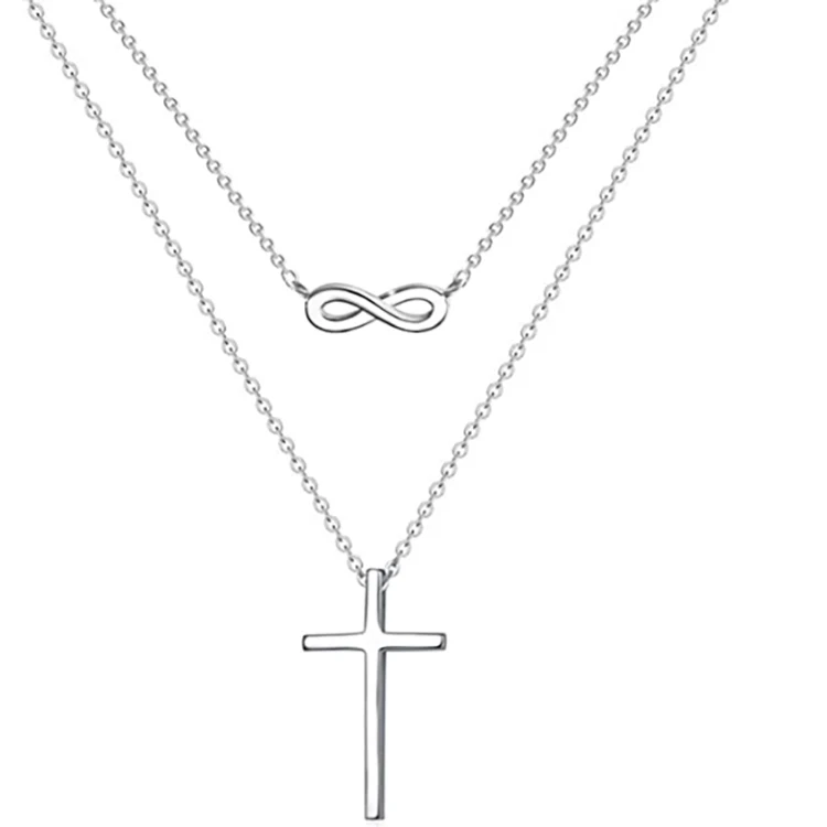 Fashion Silver Figure 8 Shape Multi Layer Stainless Steel Cross Necklace Sweater Pendant Necklace