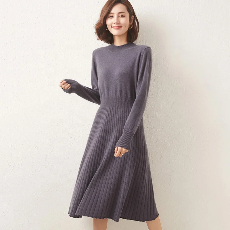 Korea style 100% wool dress long length knitted wear for women
