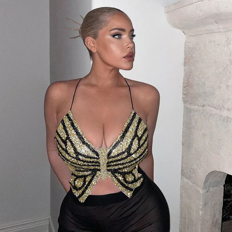 T5063 Amazon Top Sellers Custom Hot Fix Rhinestone Halter Backless Cami Tanks Butterfly Top Camisole Y2K Clothing