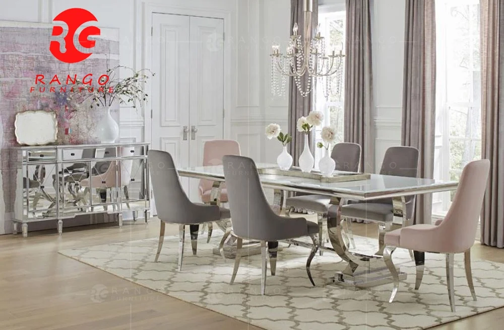 Glass top dining table and 6 pink velvet dining chairs dining room furniture  with low  price