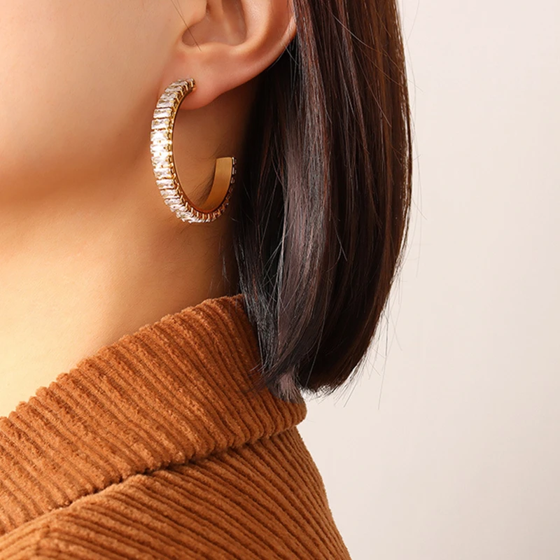 MICCI Wholesale Custom Stainless Steel Jewelry Big White Iced Out Crystal Cubic Zircon Tennis Baguette Stud Open Hoop Earrings