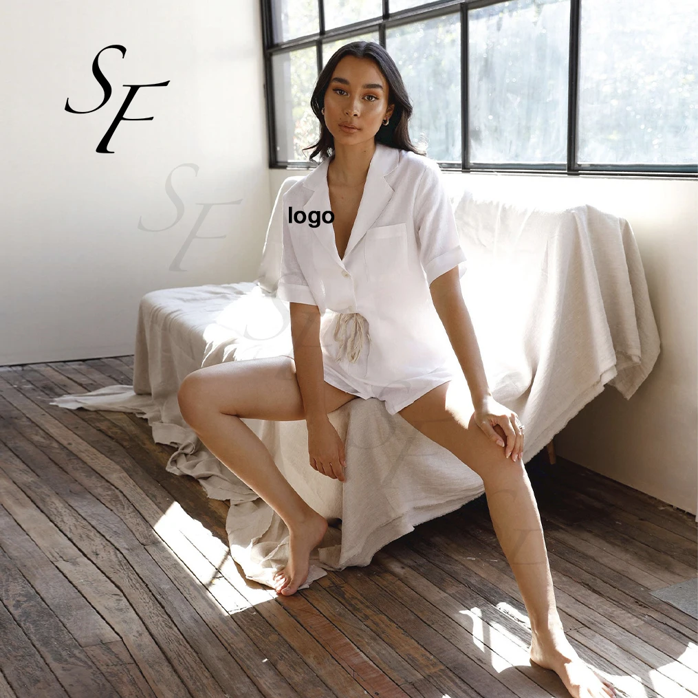 Custom summer sleepwear cotton linen pajama set 2 piece sleep wear sets nighty for ladies night suits lounge wear women