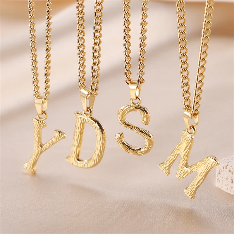 Newly Designed 26 English Letter Pendant 18K Gold Plated Stainless Steel Charm Ripple Corrugated