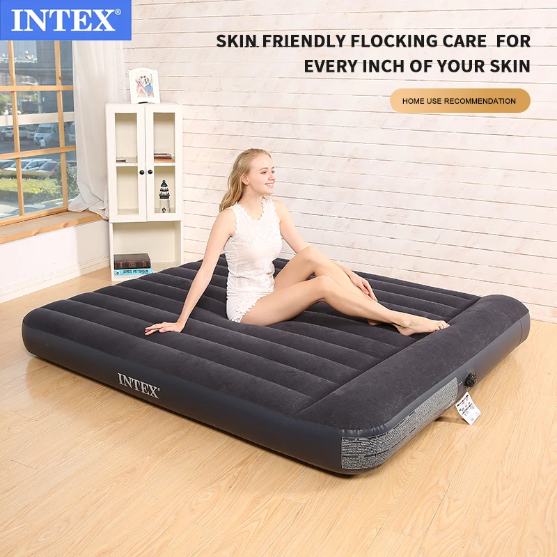 INTEX 64144  Lightweight Queen Size  Inflatable Flocked Double High Air Bed Mattress With Built In pillow