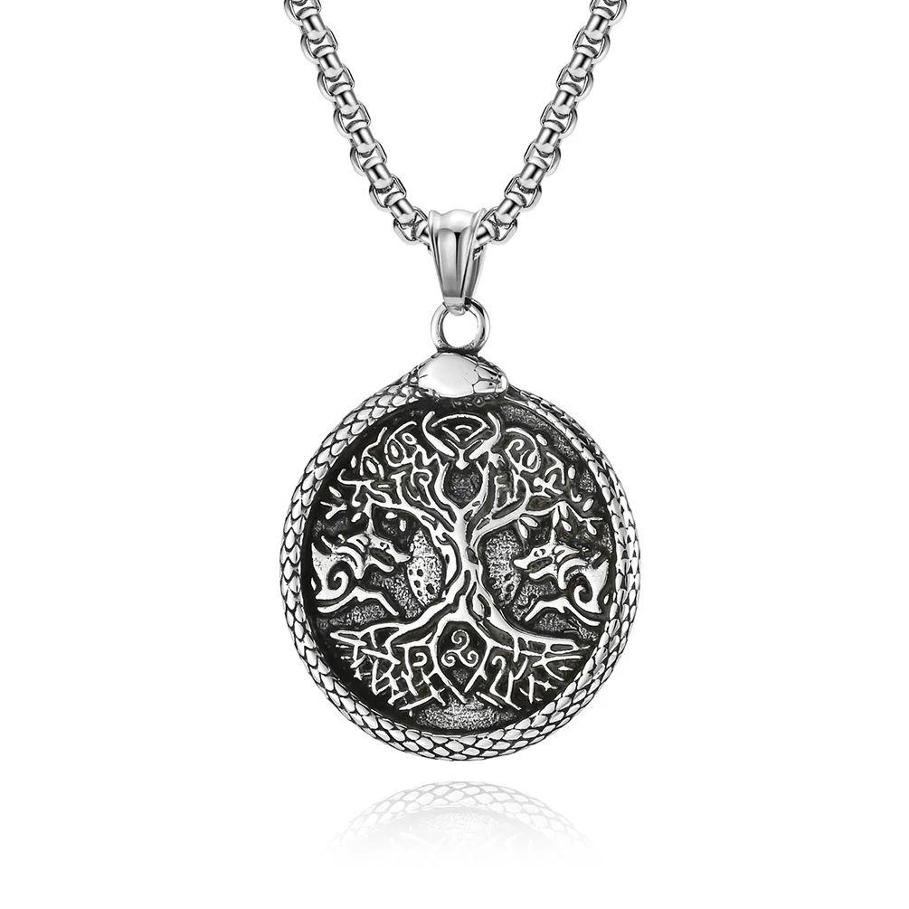 Vintage Tree of Life Pendant Necklace Ouroboros Pendant Viking Talisman Norse World Tree Jewelry Stainless Steel Necklace