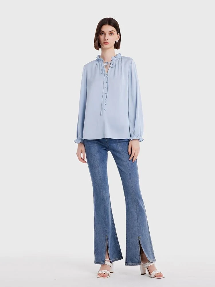 Woman Clothes Round Neck Long Cuffed Sleeves Drop Shoulder Puff Sleeve Western Women Blouses