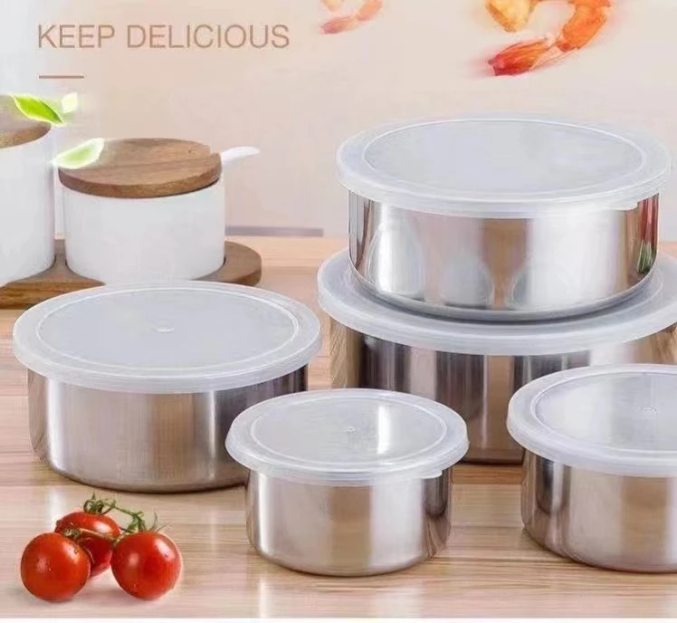 Stainless steel round sealed storage box with lid household fresh-keeping bowl kitchen gift five-piece fresh-keeping box