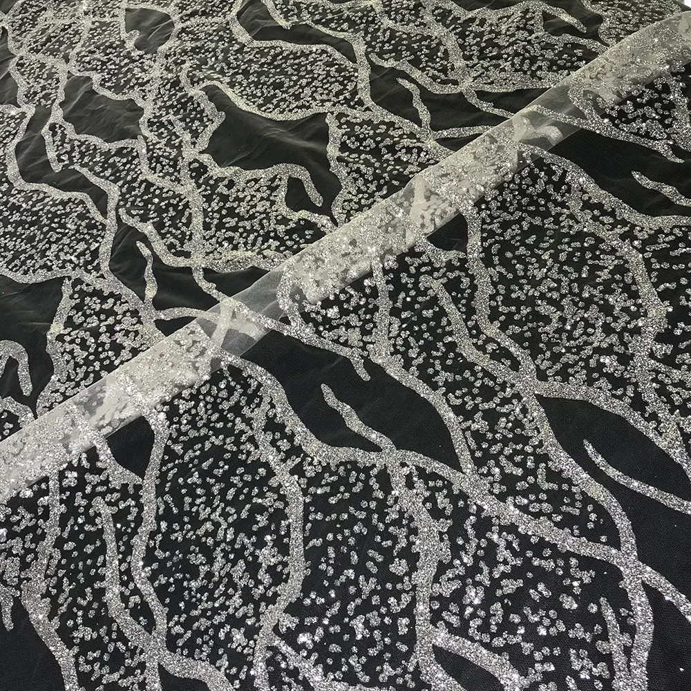 High Quality Glitter Lace Polyester Transparent Mesh Shining African Party Dress Luxury Sequin Tulle Fabric 5 Yards